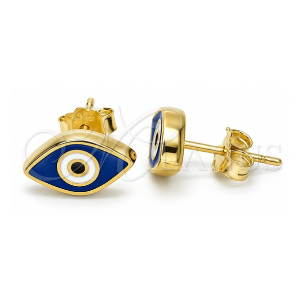 Sterling Silver Stud Earring, Evil Eye Design, Blue Enamel Finish, Golden Finish, 02.336.0055.2