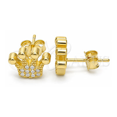 Sterling Silver Stud Earring, Crown Design, with White Cubic Zirconia, Polished, Golden Finish, 02.336.0173.2