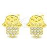 Sterling Silver Stud Earring, Judaica and Hand of God Design, with White Micro Pave, Polished, Golden Finish, 02.336.0041.2