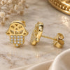 Sterling Silver Stud Earring, Judaica and Hand of God Design, with White Micro Pave, Polished, Golden Finish, 02.336.0041.2