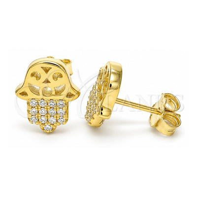 Sterling Silver Stud Earring, Judaica and Hand of God Design, with White Micro Pave, Polished, Golden Finish, 02.336.0041.2