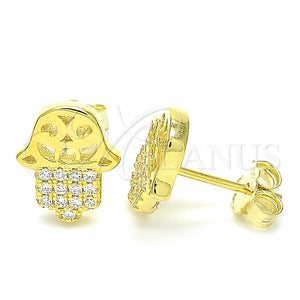 Sterling Silver Stud Earring, Judaica and Hand of God Design, with White Micro Pave, Polished, Golden Finish, 02.336.0041.2