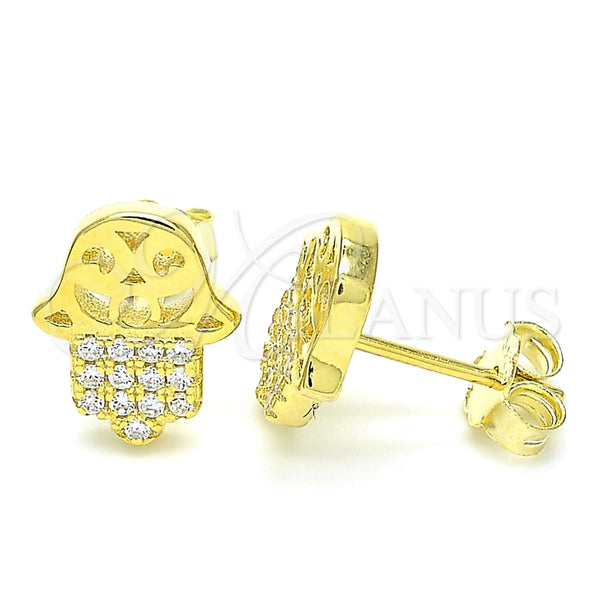 Sterling Silver Stud Earring, Judaica and Hand of God Design, with White Micro Pave, Polished, Golden Finish, 02.336.0041.2