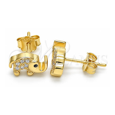 Sterling Silver Stud Earring, Elephant Design, with Black Cubic Zirconia and White Crystal, Polished, Golden Finish, 02.336.0066.2