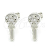 Sterling Silver Stud Earring, key and Heart Design, with White Cubic Zirconia, Polished, Rhodium Finish, 02.336.0175