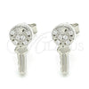 Sterling Silver Stud Earring, key and Heart Design, with White Cubic Zirconia, Polished, Rhodium Finish, 02.336.0175