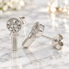 Sterling Silver Stud Earring, key and Heart Design, with White Cubic Zirconia, Polished, Rhodium Finish, 02.336.0175