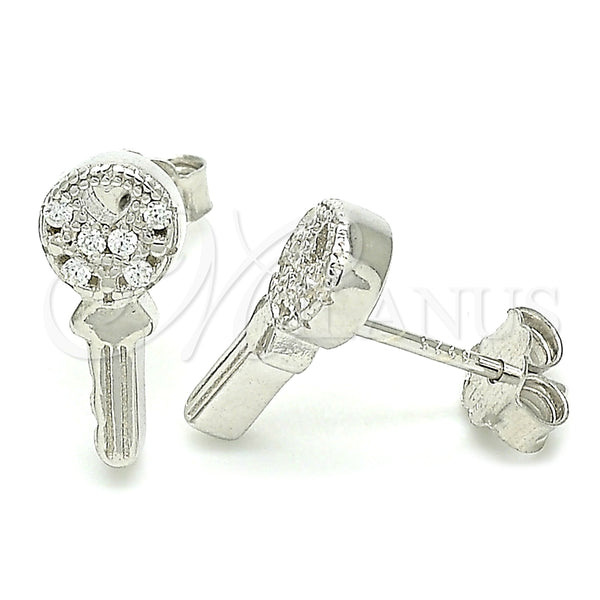 Sterling Silver Stud Earring, key and Heart Design, with White Cubic Zirconia, Polished, Rhodium Finish, 02.336.0175