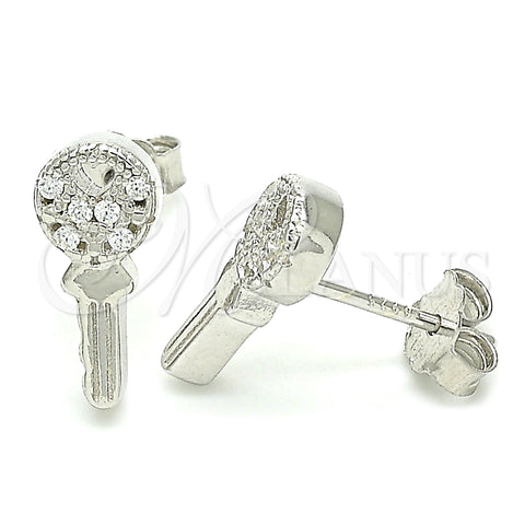 Sterling Silver Stud Earring, key and Heart Design, with White Cubic Zirconia, Polished, Rhodium Finish, 02.336.0175