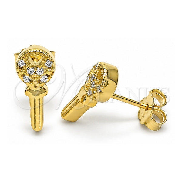 Sterling Silver Stud Earring, key and Heart Design, with White Cubic Zirconia, Polished, Golden Finish, 02.336.0175.2