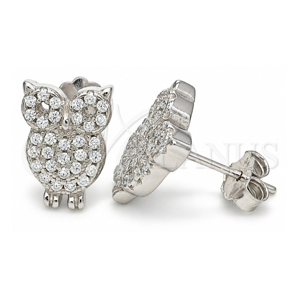 Sterling Silver Stud Earring, Owl Design, with White Cubic Zirconia, Polished, Rhodium Finish, 02.336.0176