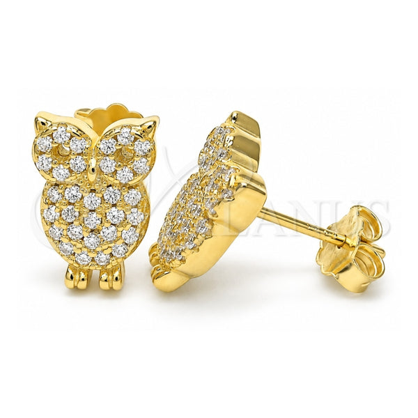 Sterling Silver Stud Earring, Owl Design, with White Cubic Zirconia, Polished, Golden Finish, 02.336.0176.2
