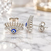 Sterling Silver Stud Earring, Evil Eye Design, with White Cubic Zirconia, Blue Enamel Finish, Rhodium Finish, 02.336.0177