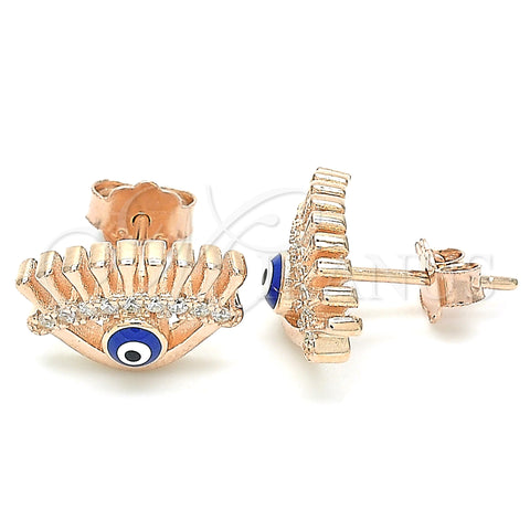 Sterling Silver Stud Earring, Evil Eye Design, with White Cubic Zirconia, Blue Enamel Finish, Rose Gold Finish, 02.336.0177.1