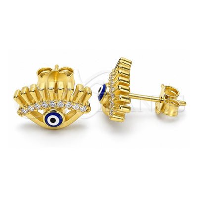 Sterling Silver Stud Earring, Evil Eye Design, with White Cubic Zirconia, Blue Enamel Finish, Golden Finish, 02.336.0177.2
