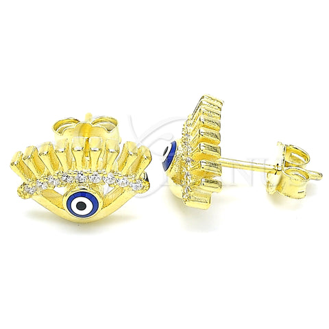 Sterling Silver Stud Earring, Evil Eye Design, with White Cubic Zirconia, Blue Enamel Finish, Golden Finish, 02.336.0177.2