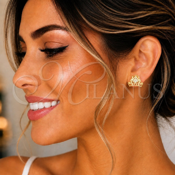 Sterling Silver Stud Earring, Crown and Heart Design, with White Cubic Zirconia, Polished, Golden Finish, 02.336.0178.2