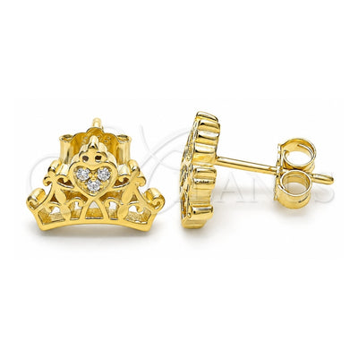 Sterling Silver Stud Earring, Crown and Heart Design, with White Cubic Zirconia, Polished, Golden Finish, 02.336.0178.2
