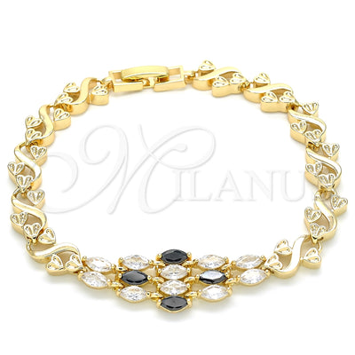 Oro Laminado Fancy Bracelet, Gold Filled Style Heart Design, with Black and White Cubic Zirconia, Polished for wholesale, main product view