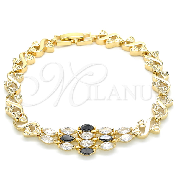 Oro Laminado Fancy Bracelet, Gold Filled Style Heart Design, with Black and White Cubic Zirconia, Polished, Golden Finish, 03.210.0136.07 (07 MM Thickness, 7 Inches Length)