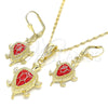 Oro Laminado Earring and Pendant Adult Set, Gold Filled Style Turtle Design, Red Enamel Finish, Golden Finish, 10.351.0005.1