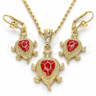 Oro Laminado Earring and Pendant Adult Set, Gold Filled Style Turtle Design, Red Enamel Finish, Golden Finish, 10.351.0005.1