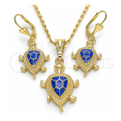 Oro Laminado Earring and Pendant Adult Set, Gold Filled Style Turtle Design, Blue Enamel Finish, Golden Finish, 10.351.0005.2