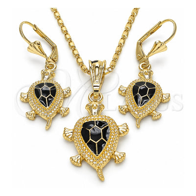 Oro Laminado Earring and Pendant Adult Set, Gold Filled Style Turtle Design, Black Enamel Finish, Golden Finish, 10.351.0005.3