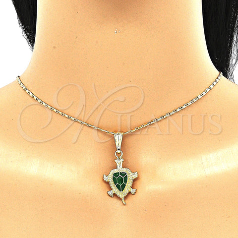 Oro Laminado Earring and Pendant Adult Set, Gold Filled Style Turtle Design, Green Enamel Finish, Golden Finish, 10.351.0005.4