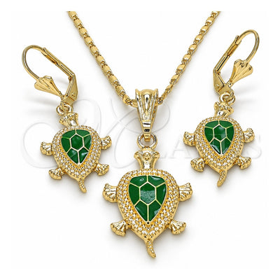 Oro Laminado Earring and Pendant Adult Set, Gold Filled Style Turtle Design, Green Enamel Finish, Golden Finish, 10.351.0005.4