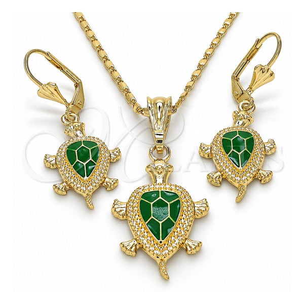 Oro Laminado Earring and Pendant Adult Set, Gold Filled Style Turtle Design, Green Enamel Finish, Golden Finish, 10.351.0005.4