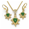 Oro Laminado Earring and Pendant Adult Set, Gold Filled Style Turtle Design, Green Enamel Finish, Golden Finish, 10.351.0005.4