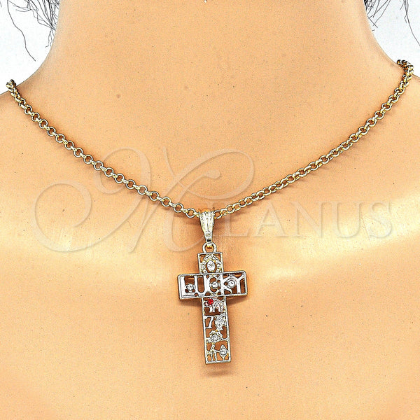 Gold Filled Pendant — Religious Pendant Cross and Owl Design with Garnet — alternate product view — SKU 130605 | Oro Laminado dije — Religious Pendant cruz and Owl diseño with Garnet — SKU 130605