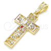 Oro Laminado Religious Pendant, Gold Filled Style Cross and Owl Design, with Garnet and White Crystal, Polished, Tricolor, 05.351.0058