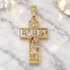 Oro Laminado Religious Pendant, Gold Filled Style Cross and Owl Design, with Garnet and White Crystal, Polished, Tricolor, 05.351.0058