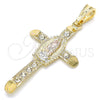 Oro Laminado Religious Pendant, Gold Filled Style Cross and Guadalupe Design, with White Crystal, Polished, Tricolor, 05.351.0059