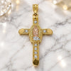 Oro Laminado Religious Pendant, Gold Filled Style Cross and Guadalupe Design, with White Crystal, Polished, Tricolor, 05.351.0059