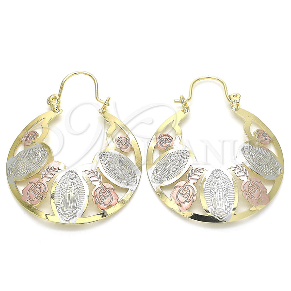 Gold Filled Hoop Earrings — Medium Hoop Guadalupe and Flower Design Polished Tricolor — main product view — SKU 130610 | Oro Laminado aretes de aro — Medium Hoop Guadalupe and flor diseño pulido Tricolor — SKU 130610