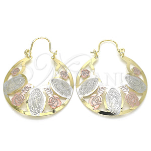 Gold Filled Hoop Earrings — Medium Hoop Guadalupe and Flower Design Polished Tricolor — main product view — SKU 130610 | Oro Laminado aretes de aro — Medium Hoop Guadalupe and flor diseño pulido Tricolor — SKU 130610