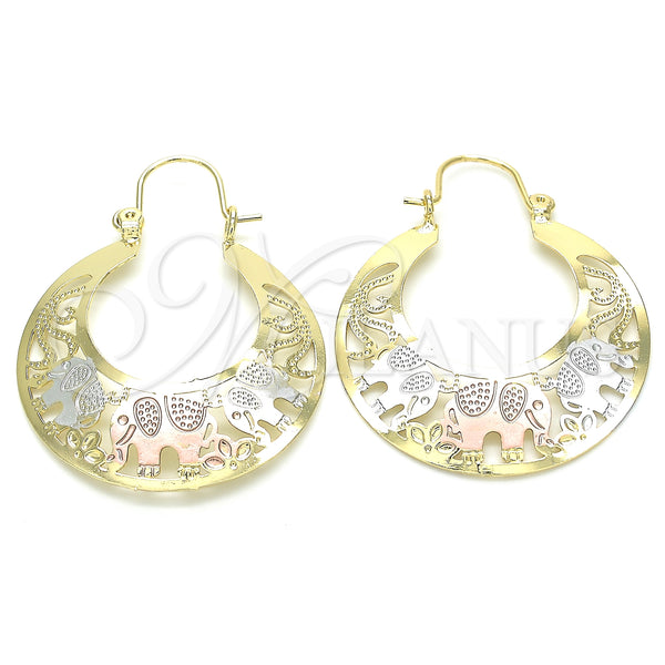Gold Filled Hoop Earrings — Medium Hoop Elephant Design Polished Tricolor 02. — main product view — SKU 130611 | Oro Laminado aretes de aro — Medium Hoop Elephant diseño pulido Tricolor 02. — SKU 130611