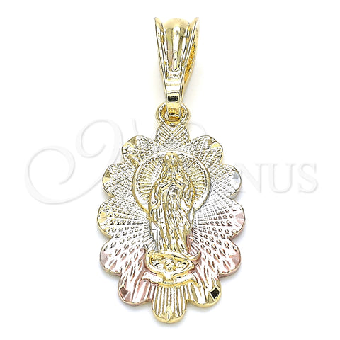 Oro Laminado Religious Pendant, Gold Filled Style Guadalupe Design, Polished, Tricolor, 05.351.0066