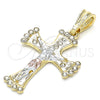 Oro Laminado Religious Pendant, Gold Filled Style Crucifix Design, with White Crystal, Polished, Tricolor, 05.351.0069