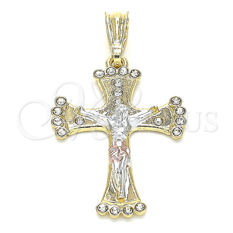 Oro Laminado Religious Pendant, Gold Filled Style Crucifix Design, with White Crystal, Polished, Tricolor, 05.351.0069