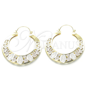 Gold Filled Hoop Earrings — Large Hoop Guadalupe and Flower Design Polished Tricolor — main product view — SKU 130622 | Oro Laminado aretes de aro — Large Hoop Guadalupe and flor diseño pulido Tricolor — SKU 130622