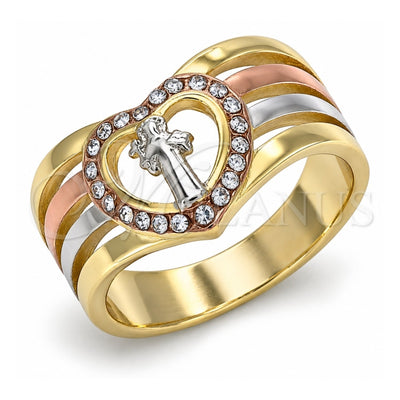 Oro Laminado Multi Stone Ring, Gold Filled Style San Benito and Heart Design, with White Crystal, Polished, Tricolor, 01.253.0028.07 (Size 7)
