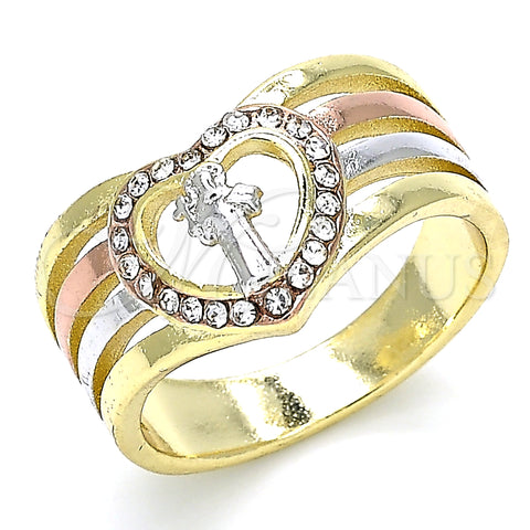 Oro Laminado Multi Stone Ring, Gold Filled Style San Benito and Heart Design, with White Crystal, Polished, Tricolor, 01.253.0028.08 (Size 8)