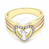 Oro Laminado Multi Stone Ring, Gold Filled Style San Benito and Heart Design, with White Crystal, Polished, Tricolor, 01.253.0028.09 (Size 9)