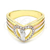Oro Laminado Multi Stone Ring, Gold Filled Style San Judas and Heart Design, with White Crystal, Polished, Tricolor, 01.253.0029.09 (Size 9)