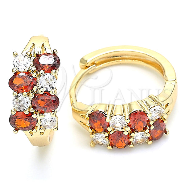 Gold Filled Hoop Earrings — Huggie Hoop with Garnet and White Cubic Zirconia — main product view — SKU 130650 | Oro Laminado aretes de aro — Huggie Hoop with Garnet and blanco Cubic Zirconia — SKU 130650