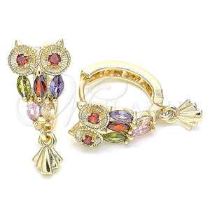Gold Filled Hoop Earrings — Huggie Hoop Owl Design with Multicolor Cubic Zirconia — main product view — SKU 130652 | Oro Laminado aretes de aro — Huggie Hoop Owl diseño with Multicolor Cubic Zirconia — SKU 130652